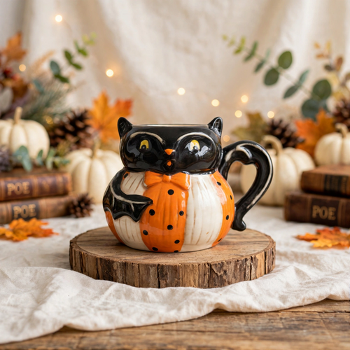 Bat Mug by Johanna Parker Design for Transpac styled with autumn leaves, pumpkins, pinecones, and vintage books