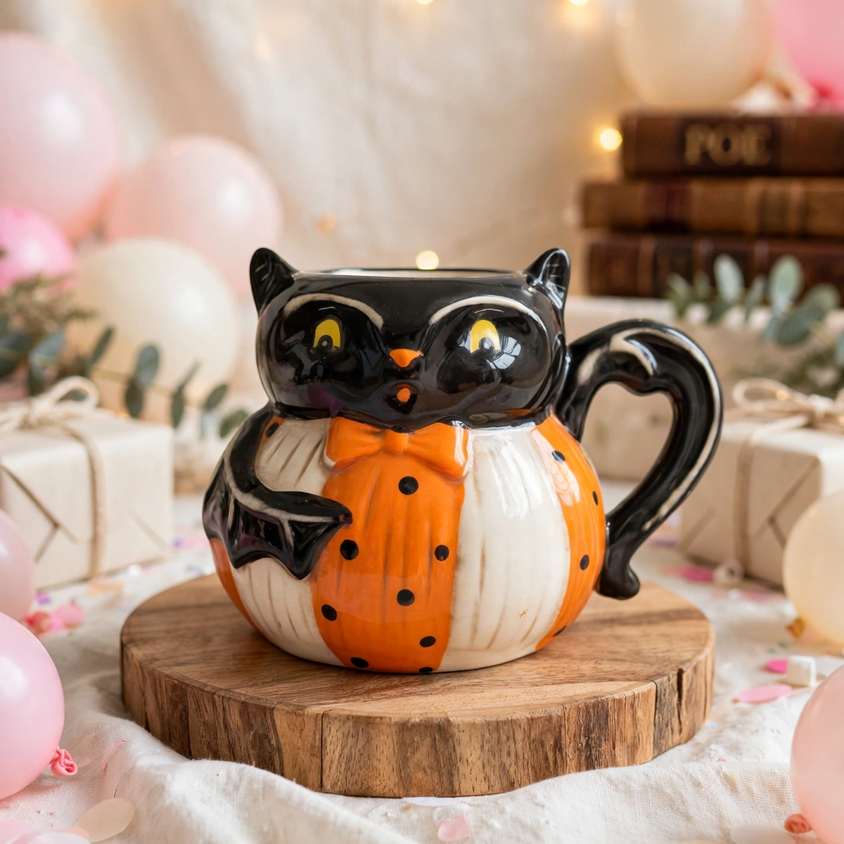 Bat Mug by Johanna Parker Design for Transpac styled with wrapped gifts, confetti, and soft balloons