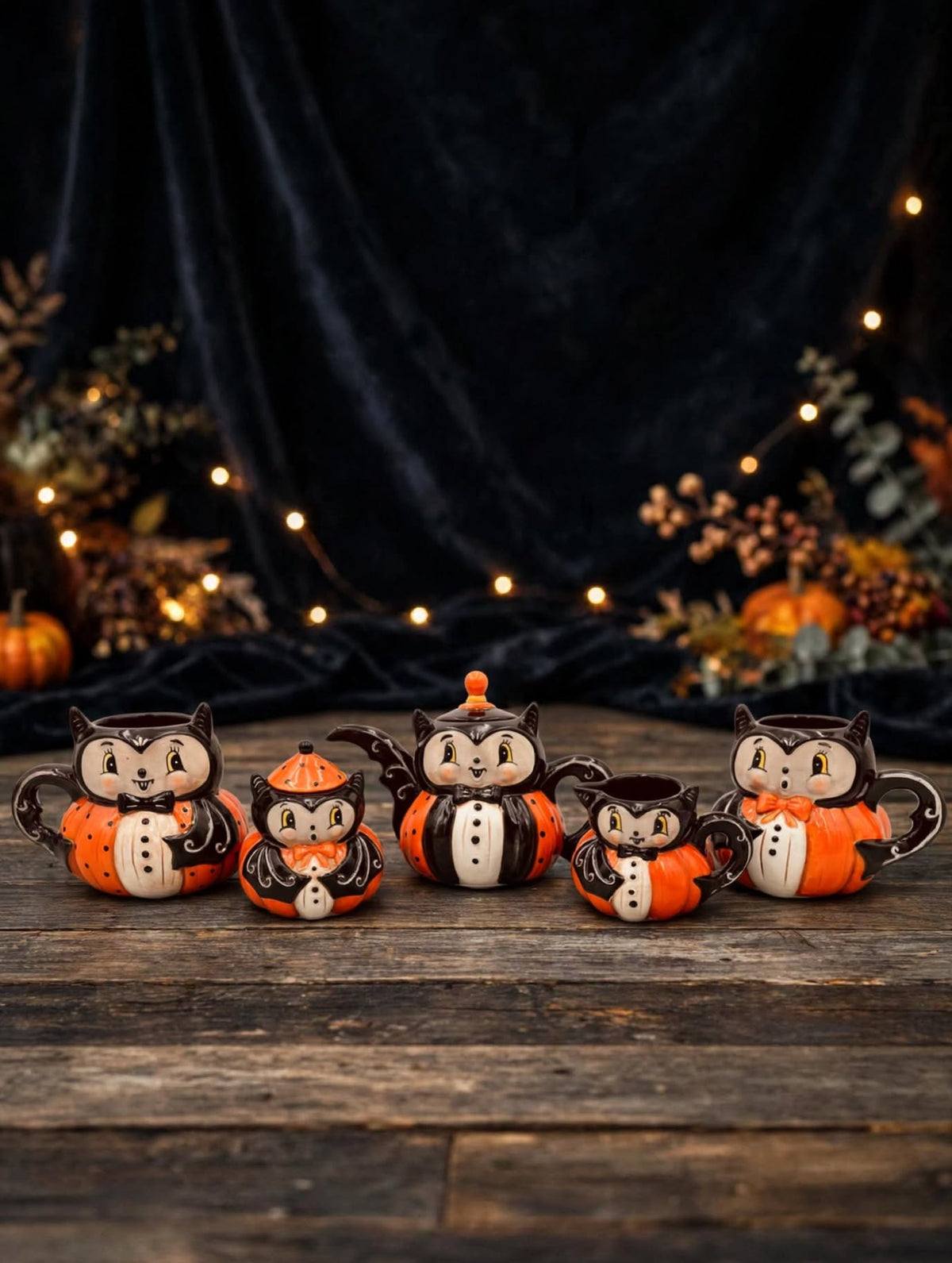 Johanna Parker Design for Transpac 2026 Dapper Bat five-piece ceramic set in a dark Halloween display