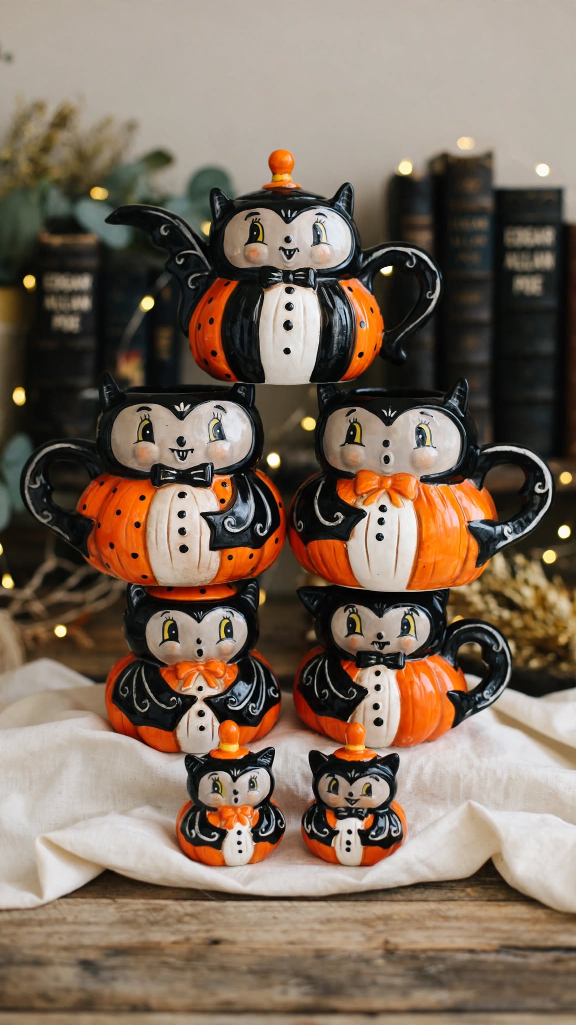 Johanna Parker Design for Transpac 2026 Dapper Bat seven-piece ceramic set in a vertical styled display