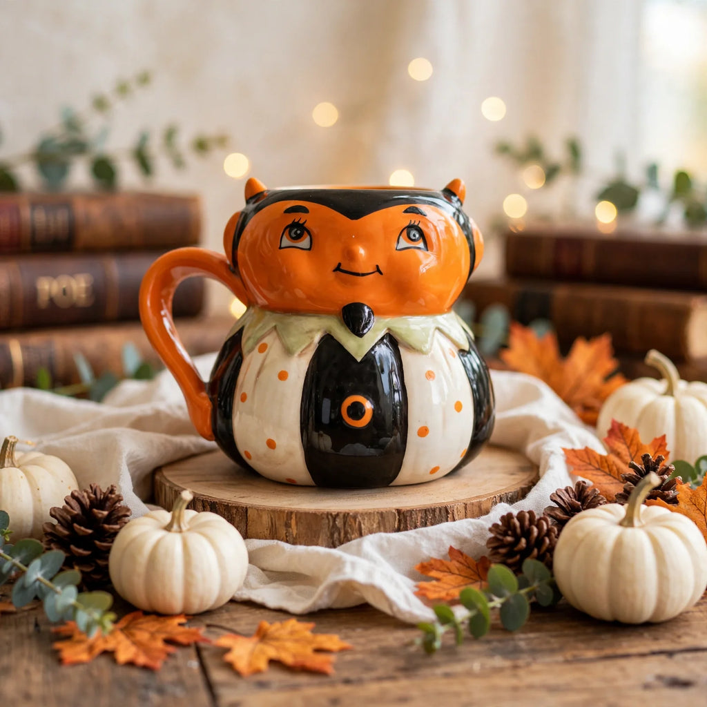 Devil Mug by Johanna Parker Design for Transpac styled with autumn leaves, cream pumpkins and vintage books