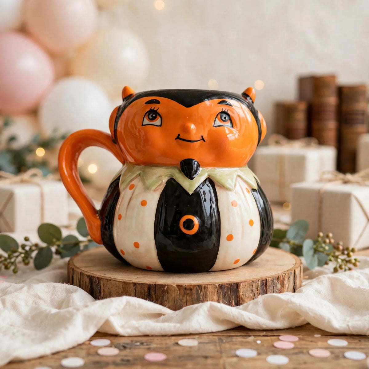 Devil Mug by Johanna Parker Design for Transpac styled with balloons, gifts and warm lights