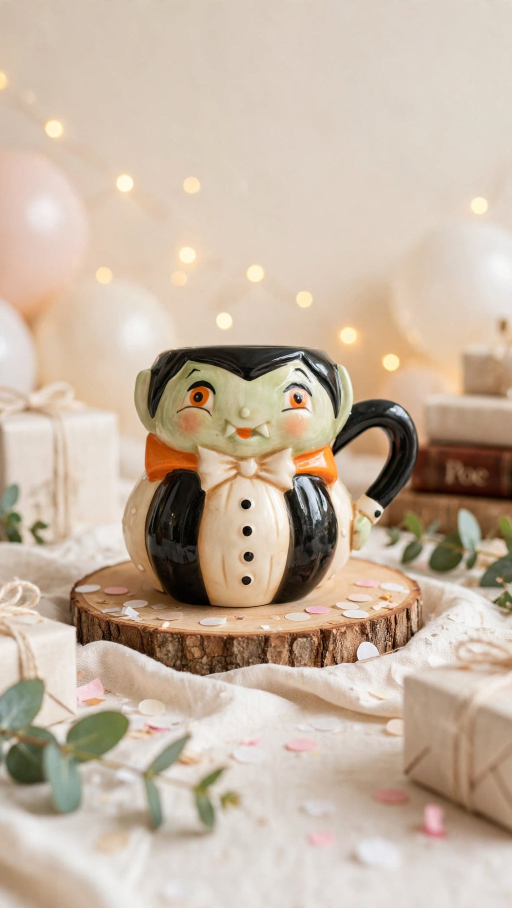 Dracula Mug by Johanna Parker Design for Transpac styled with wrapped gifts and soft balloons