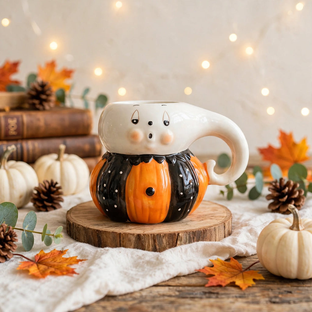 Ghost Mug by Johanna Parker Design for Transpac styled with autumn leaves, cream pumpkins, pinecones, and vintage books