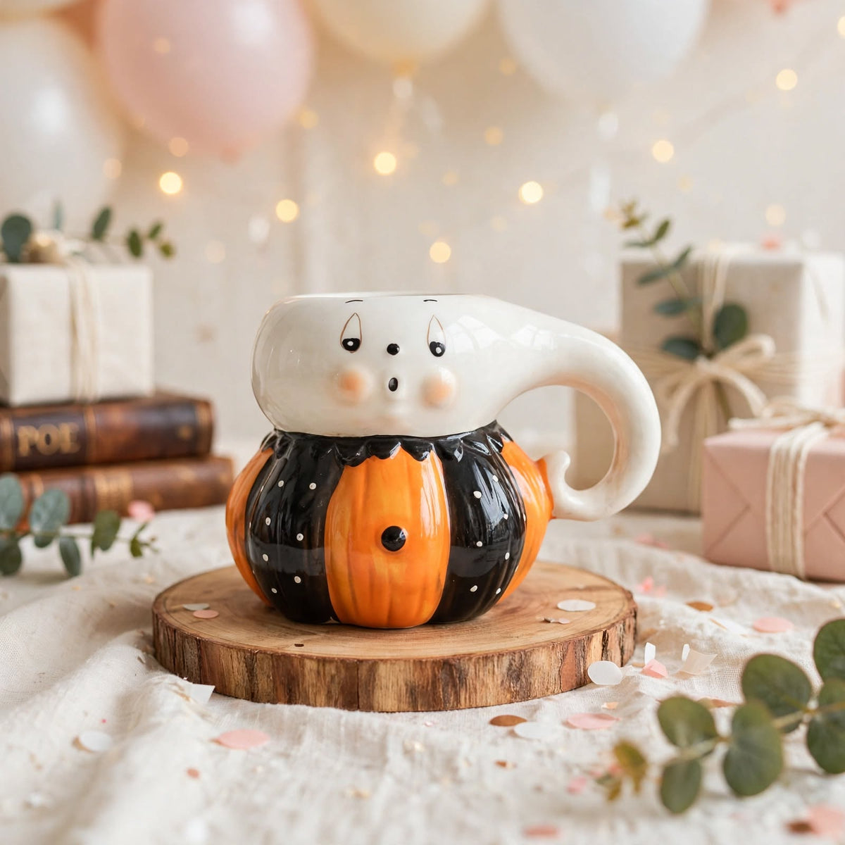 Ghost Mug by Johanna Parker Design for Transpac styled with wrapped gifts, confetti, and soft balloons
