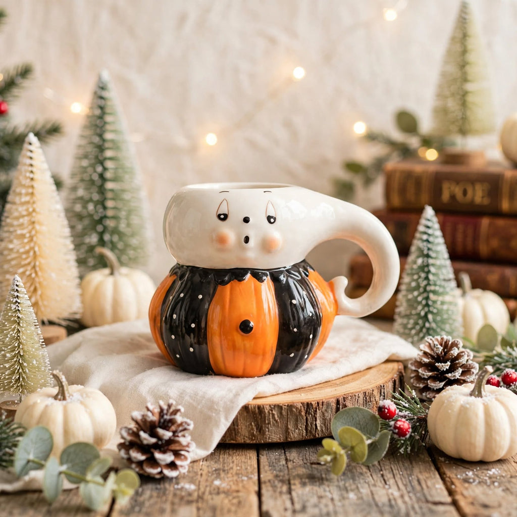 Ghost Mug by Johanna Parker Design for Transpac styled with bottle-brush trees, cream pumpkins, pinecones, and winter greenery