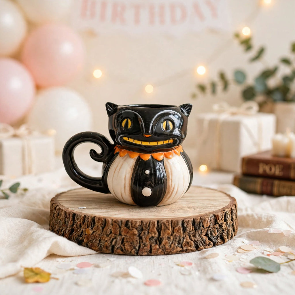 Grinning Cat Mug by Johanna Parker Design for Transpac styled with balloons, gifts and warm lights