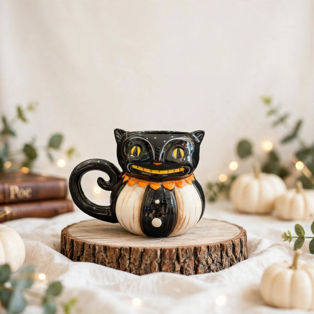 Grinning Cat Mug by Johanna Parker Design for Transpac styled with cream pumpkins, eucalyptus and vintage books