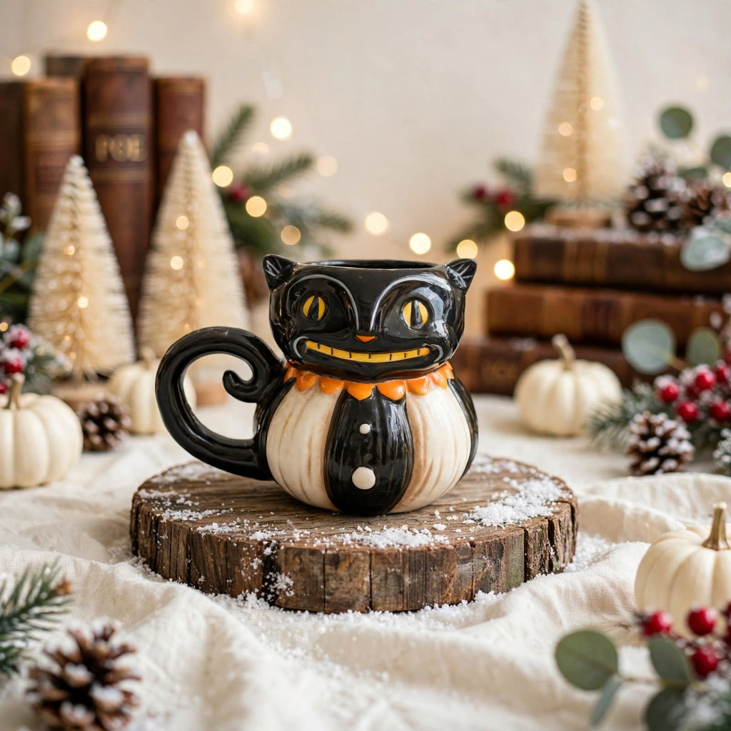 Grinning Cat Mug by Johanna Parker Design for Transpac styled with bottle brush trees, winter greenery and vintage books