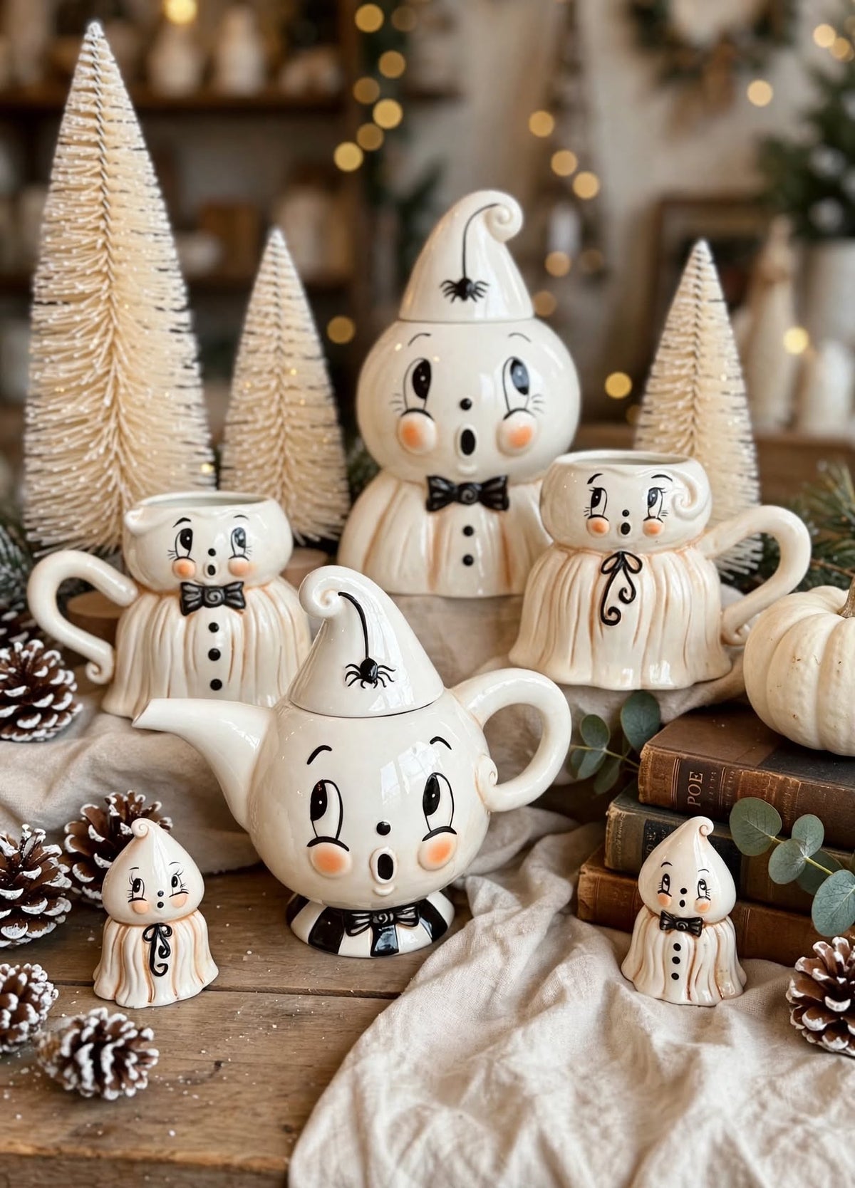 Johanna Parker 2026 Gus Ghost six-piece ceramic collection with canister, teapot, two mugs and salt and pepper shakers