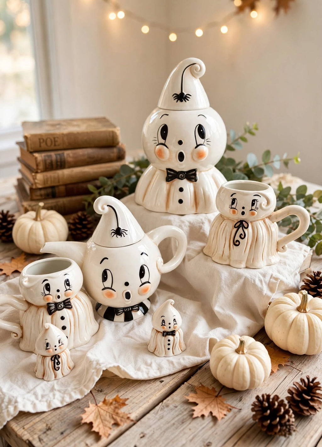 Johanna Parker 2026 Gus Ghost six-piece collection styled with pumpkins and vintage books