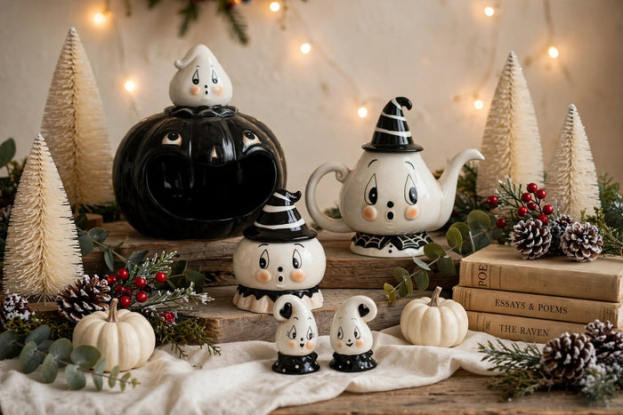 Johanna Parker 2026 Gus Ghost black pumpkin five-piece collection with Big Mouth bowl, teapot, small canister and salt and pepper shakers