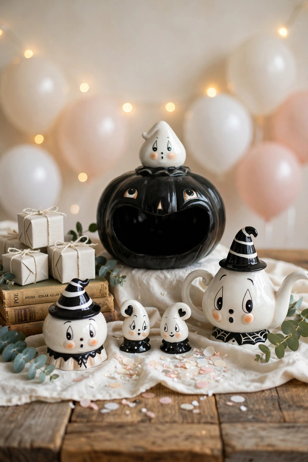 Johanna Parker 2026 Gus Ghost black pumpkin five-piece collection styled with gifts and balloons
