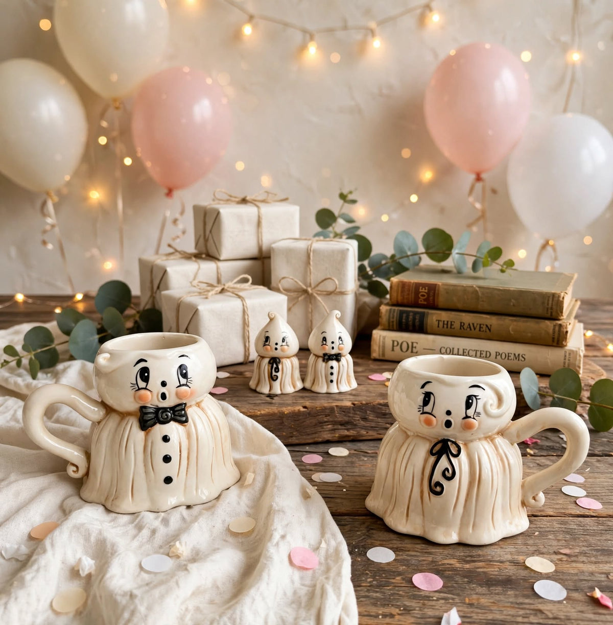 Johanna Parker 2026 Gus Ghost four-piece mug and shaker set styled with balloons and gifts