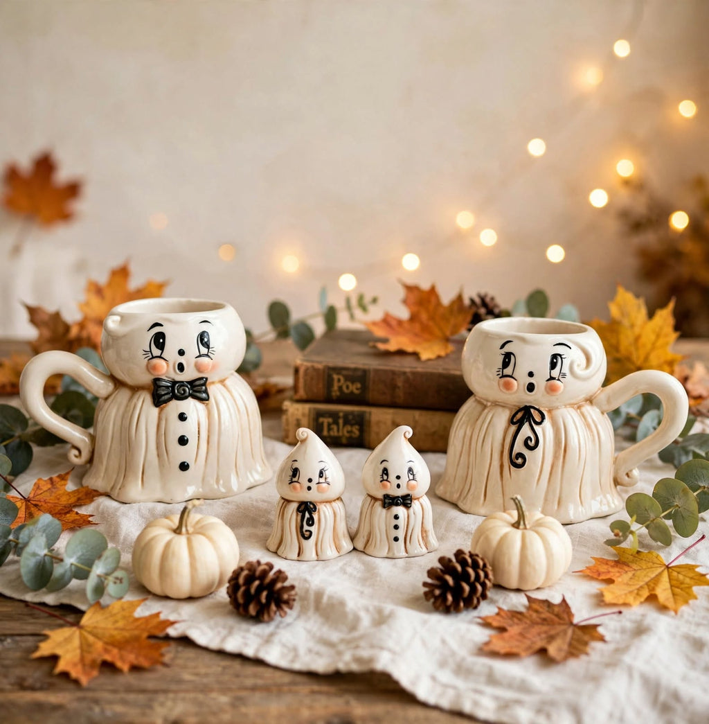 Johanna Parker 2026 Gus Ghost mugs and ghost salt and pepper shakers styled for autumn