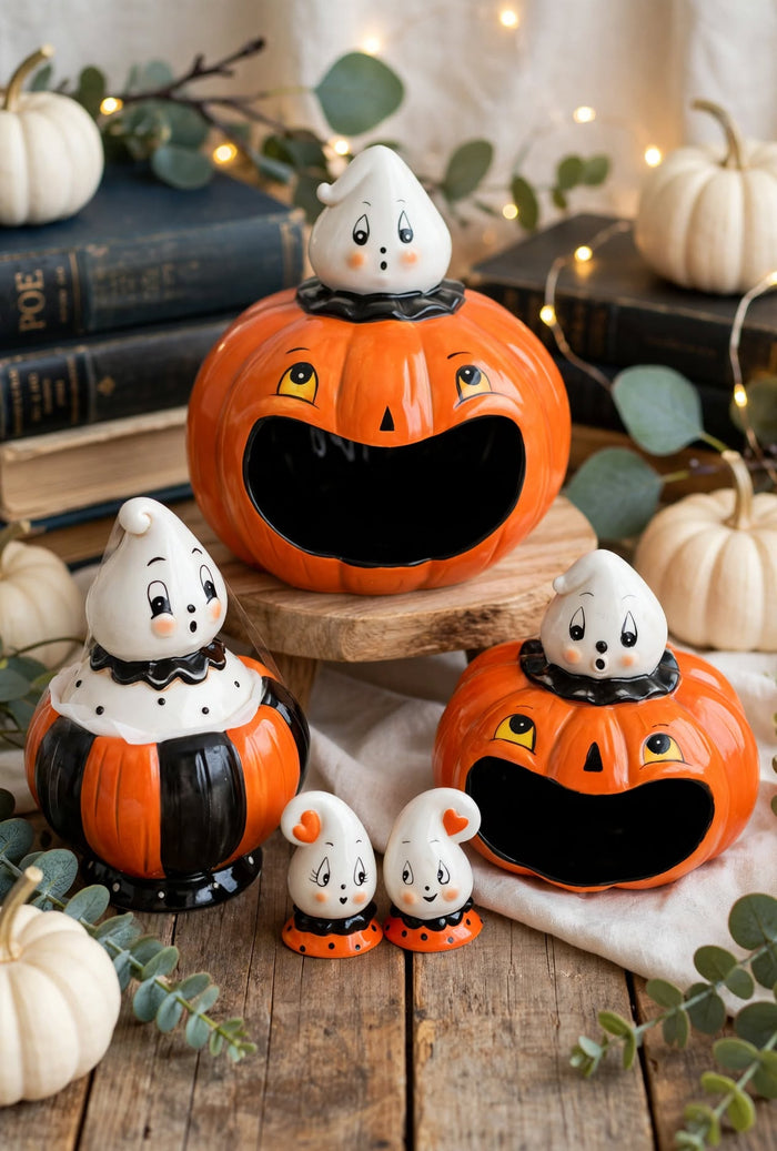 Johanna Parker 2026 Gus Ghost five-piece orange pumpkin collection with large and small open-mouth candy dishes, Pumpkin Peep canister and salt and pepper shakers