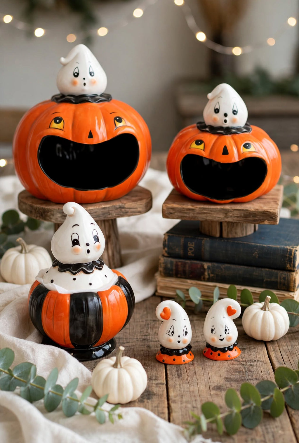 Johanna Parker 2026 Gus Ghost big and small mouth pumpkin candy dishes with Pumpkin Peep canister and ghost salt and pepper shakers