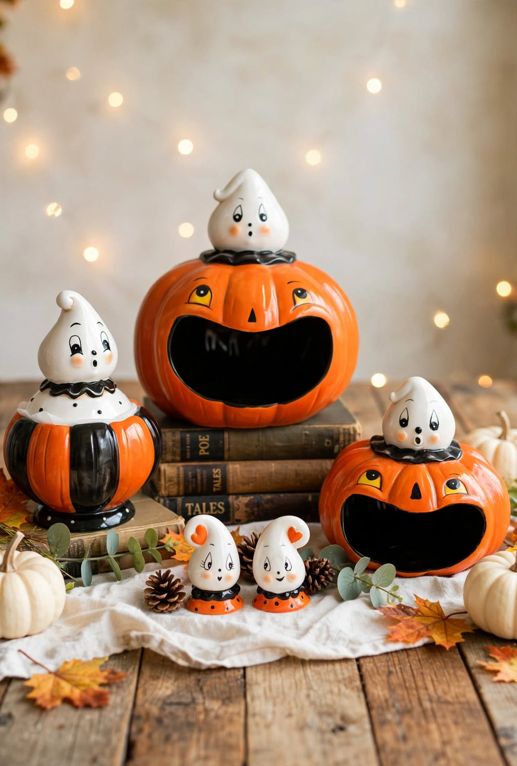 Johanna Parker 2026 Gus Ghost pumpkin collection styled with autumn leaves, pumpkins and vintage books