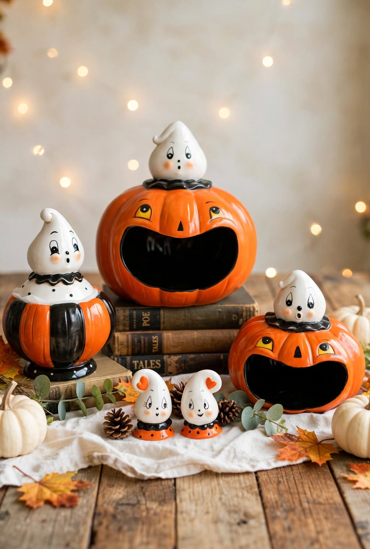 Johanna Parker 2026 Gus Ghost pumpkin collection styled with autumn leaves, pumpkins and vintage books