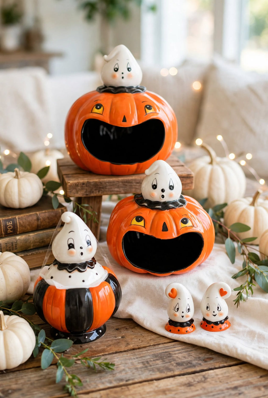 Johanna Parker 2026 Gus Ghost orange pumpkin collection with both open-mouth bowls, Pumpkin Peep canister and ghost shakers