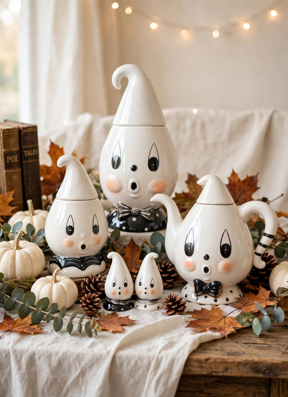 Gus Ghost Set by Johanna Parker Design for Transpac styled with autumn leaves and pumpkins