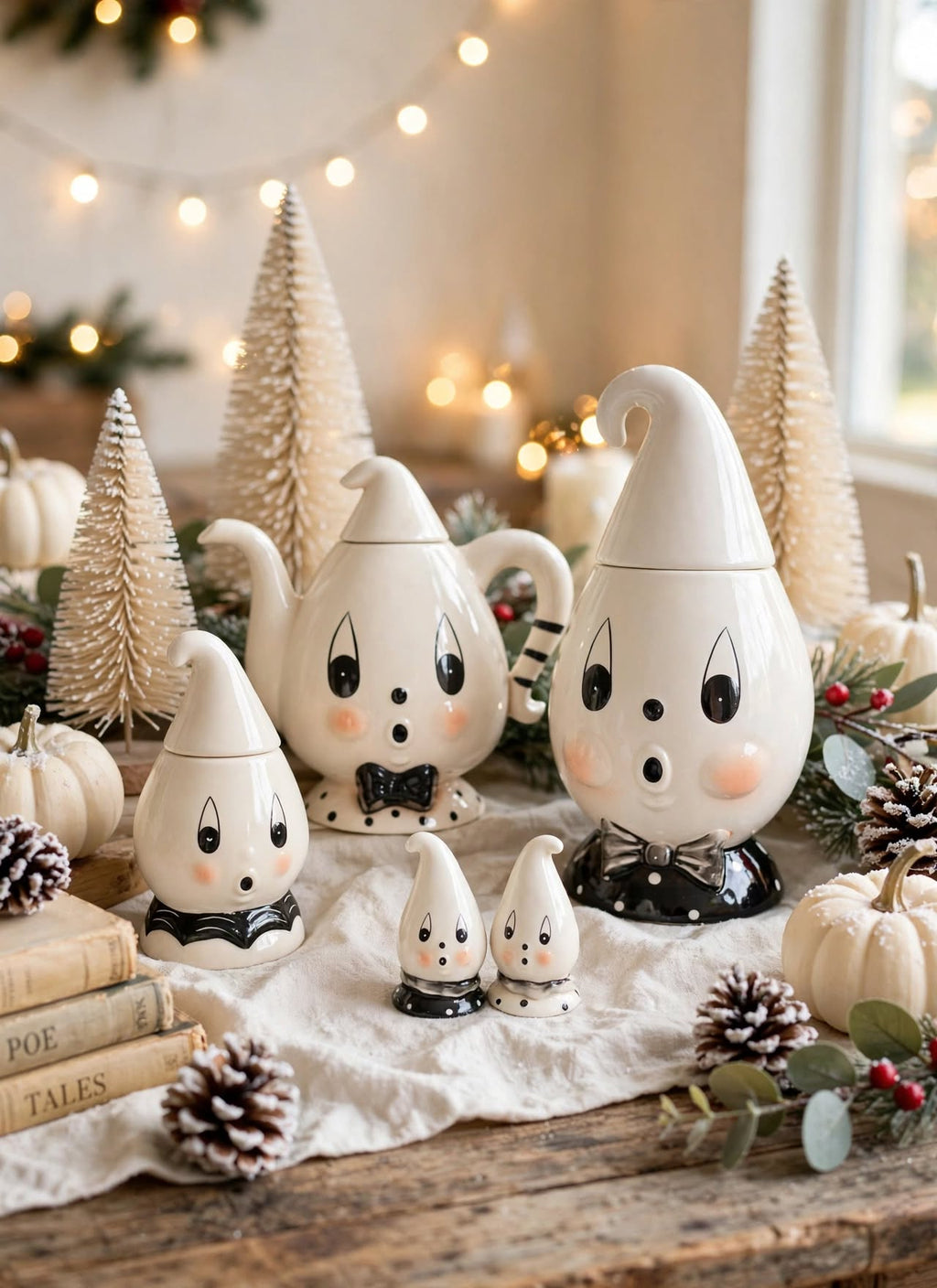 Gus Ghost Set by Johanna Parker Design for Transpac styled with bottle brush trees and holiday decor