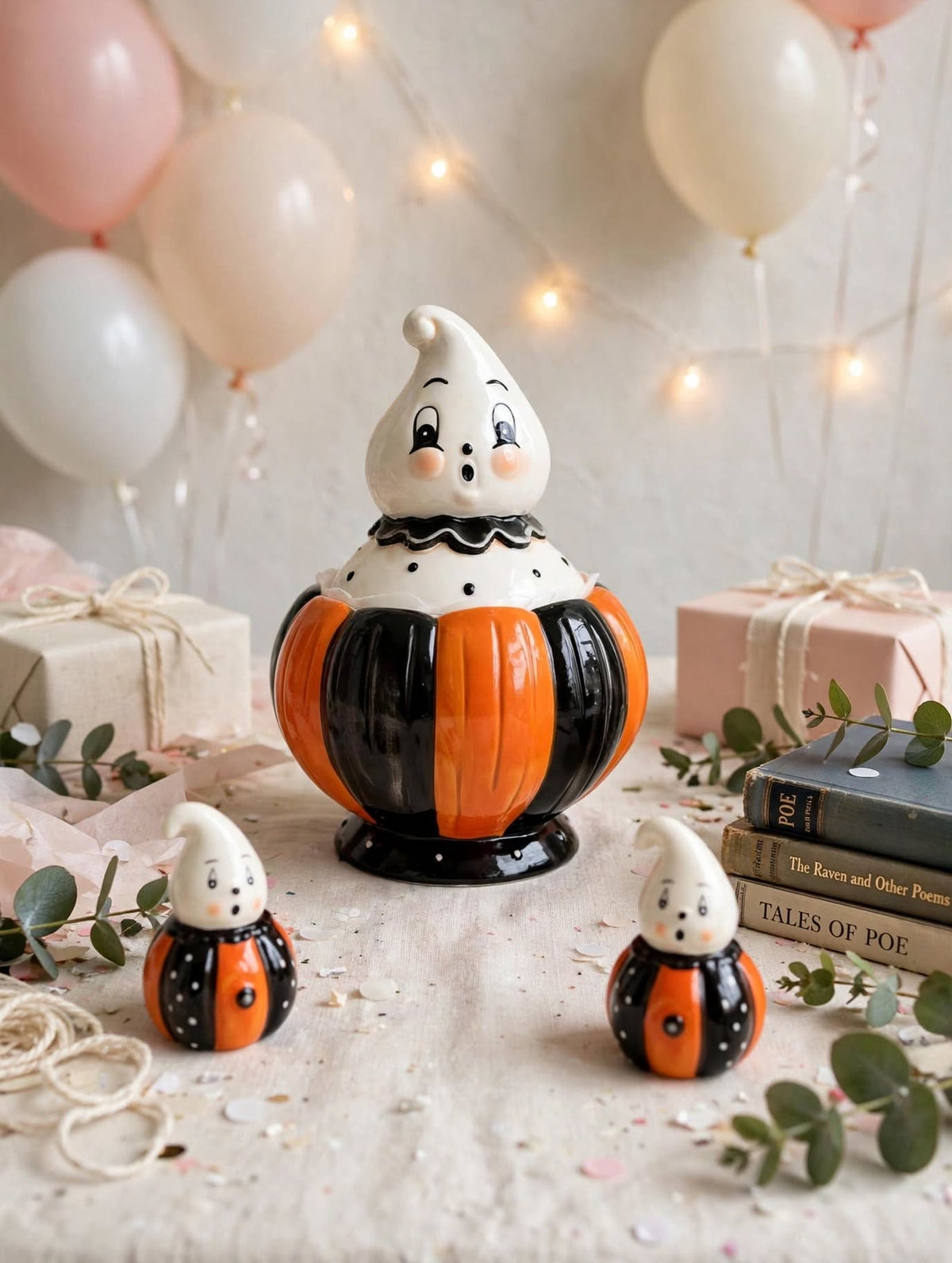Johanna Parker Gus Peep canister with 2025 ghost salt and pepper shakers in a pastel party setting
