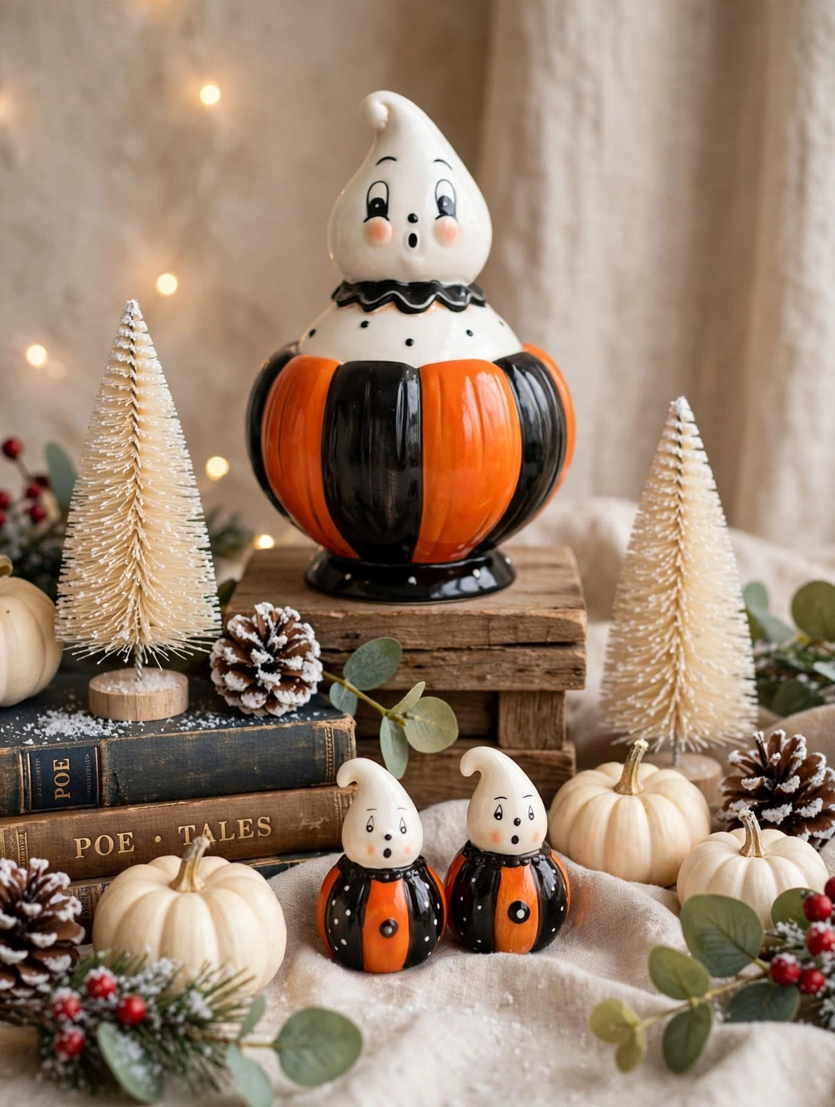 Johanna Parker Gus Peep canister with 2025 ghost salt and pepper shakers in a vintage seasonal display