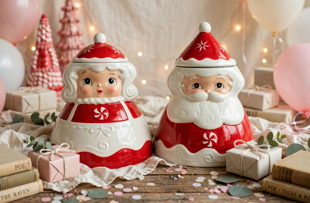 Johanna Parker Design for Carnival Cottage by Magenta Inc. Mr. and Mrs. Santa Claus cookie jars styled with balloons and gifts