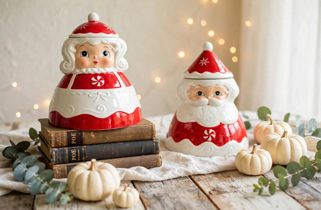 Johanna Parker Design for Carnival Cottage by Magenta Inc. Mr. and Mrs. Santa Claus cookie jars in a Christmas display