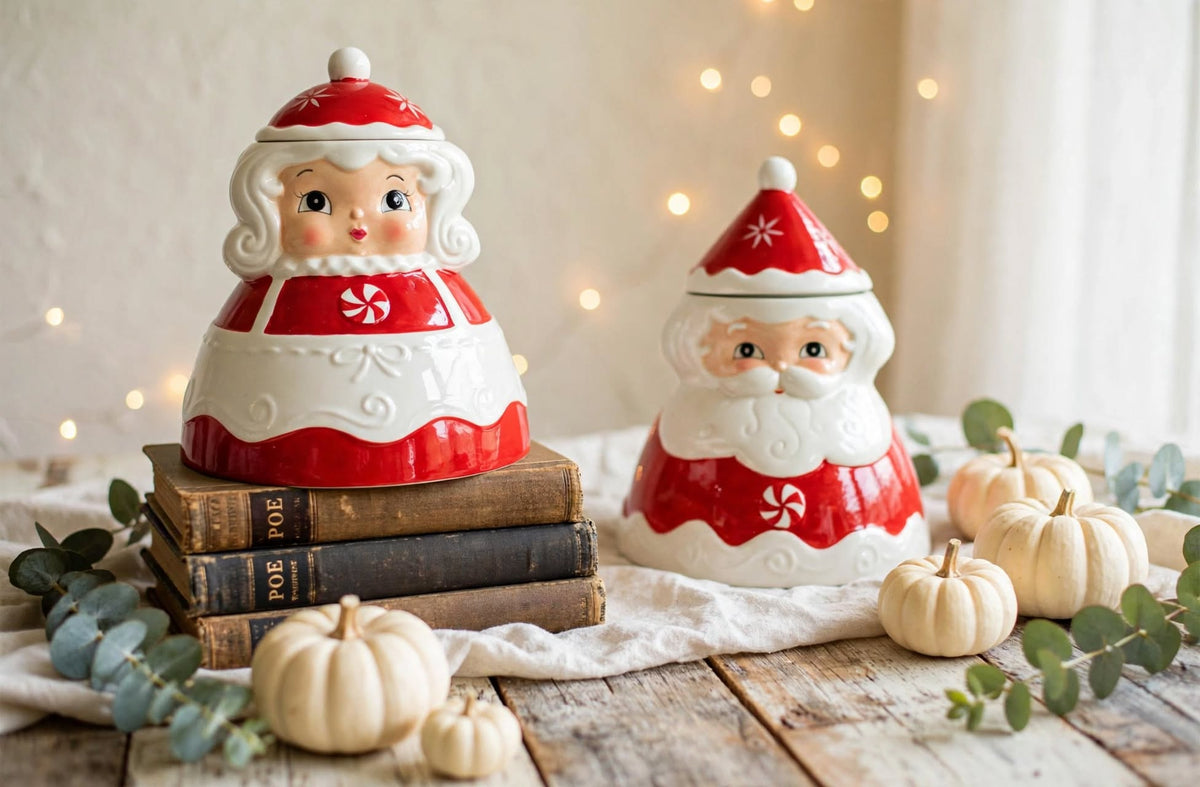 Johanna Parker Design for Carnival Cottage by Magenta Inc. Mr. and Mrs. Santa Claus cookie jars in a Christmas display