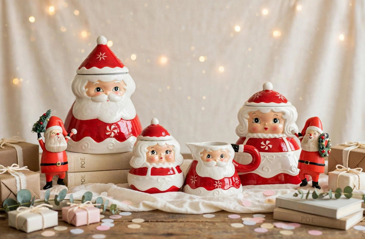 Johanna Parker Design for Carnival Cottage by Magenta Inc. four-piece Santa Christmas set with Mr. and Mrs. Santa cookie jars and sugar and creamer