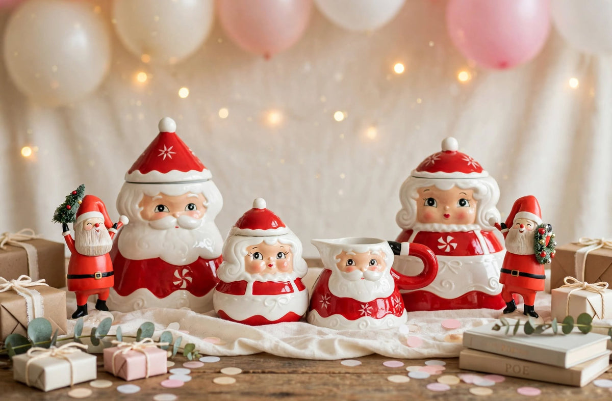 Johanna Parker Design for Carnival Cottage by Magenta Inc. four-piece Santa Christmas set styled with balloons and gifts