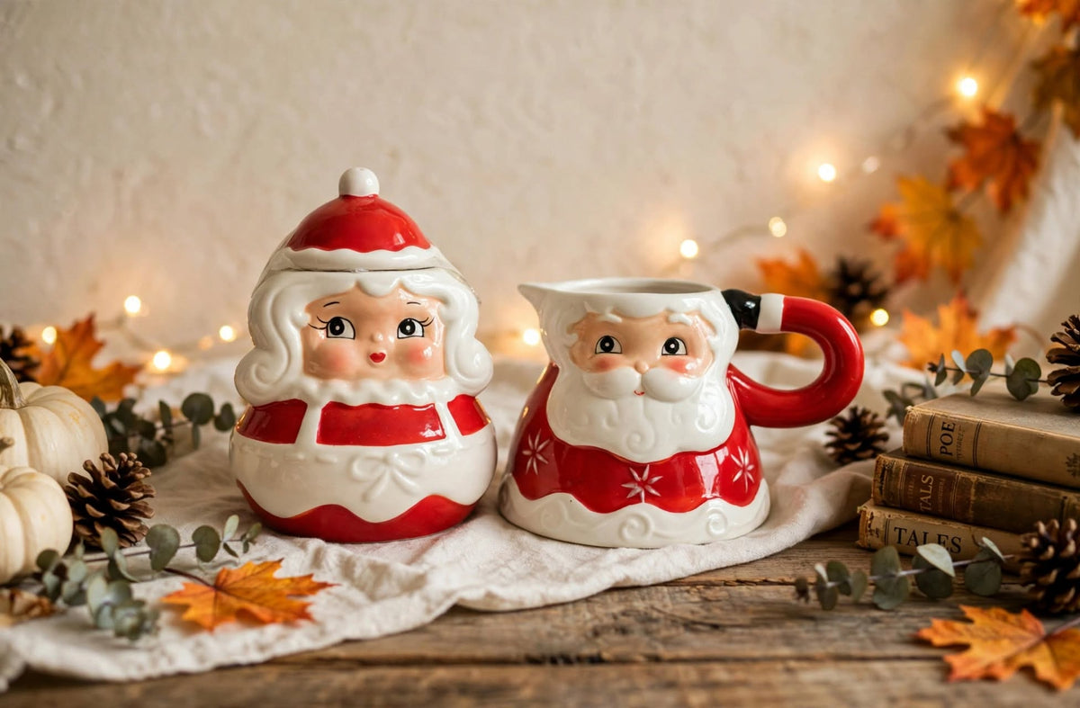 Johanna Parker Design for Carnival Cottage by Magenta Inc. Santa sugar and creamer set in an autumn display