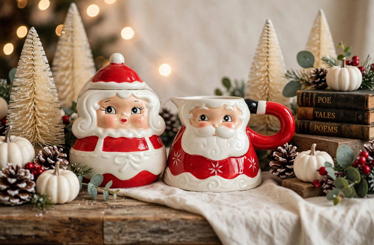Johanna Parker Design for Carnival Cottage by Magenta Inc. Santa sugar and creamer set in a Christmas display