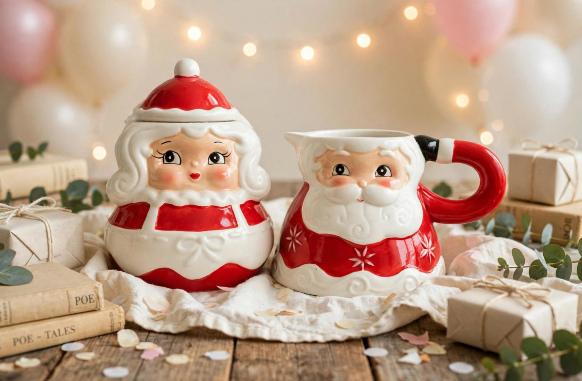 Johanna Parker Design for Carnival Cottage by Magenta Inc. Santa sugar and creamer set styled with balloons and gifts
