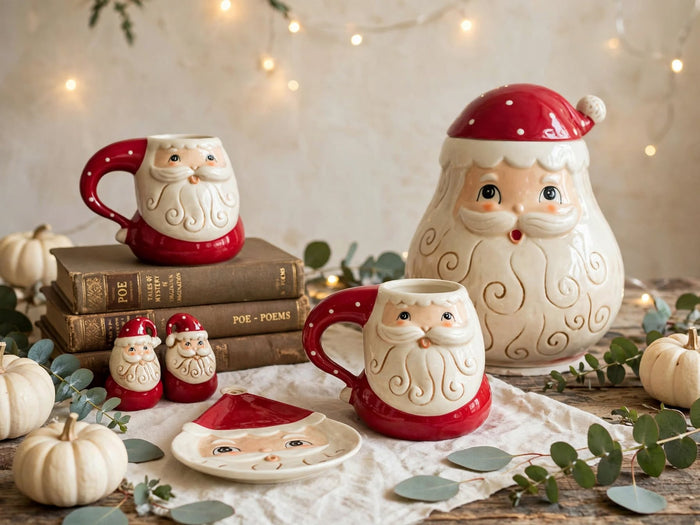 Johanna Parker Santa 5-piece Christmas set styled with vintage books and seasonal decor