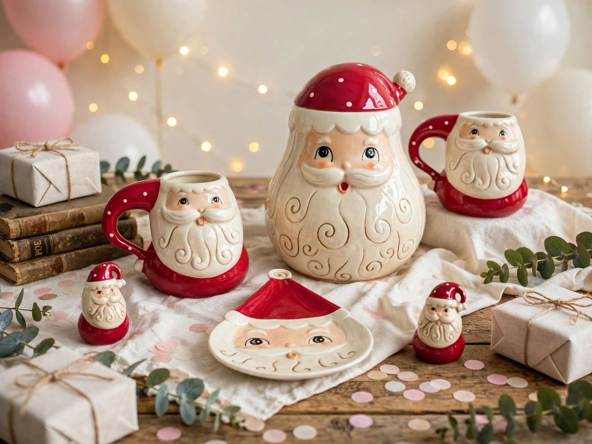 Johanna Parker Santa 5-piece set with cookie jar, two mugs, spoon rest and salt and pepper shakers