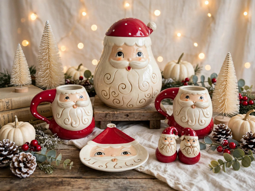 Johanna Parker Santa 5-piece Christmas set with cookie jar, mugs, spoon rest and shakers in a winter display