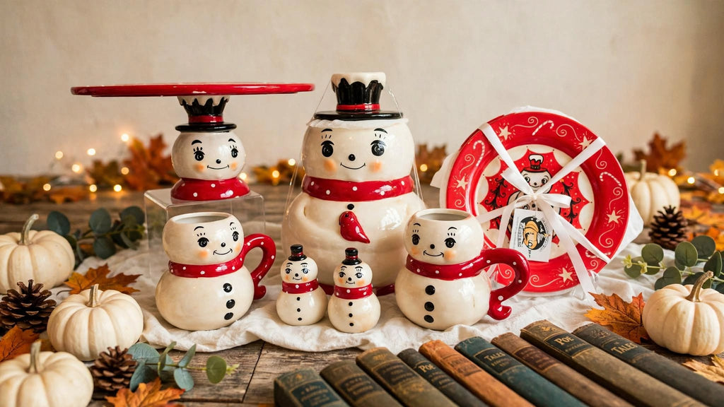 Johanna Parker Design for Transpac snowman 10-piece curated Christmas set styled with pumpkins, autumn leaves and vintage books