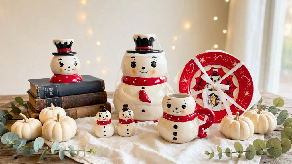 Johanna Parker Design for Transpac snowman 10-piece curated Christmas set styled with cream pumpkins, eucalyptus and vintage books