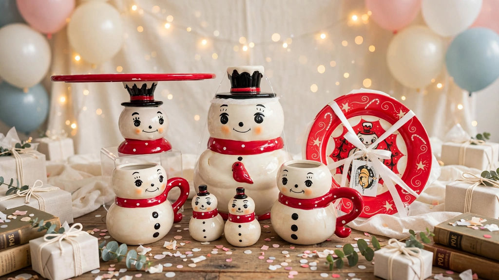 Johanna Parker Design for Transpac snowman 10-piece curated Christmas set styled with balloons, gifts and warm lights