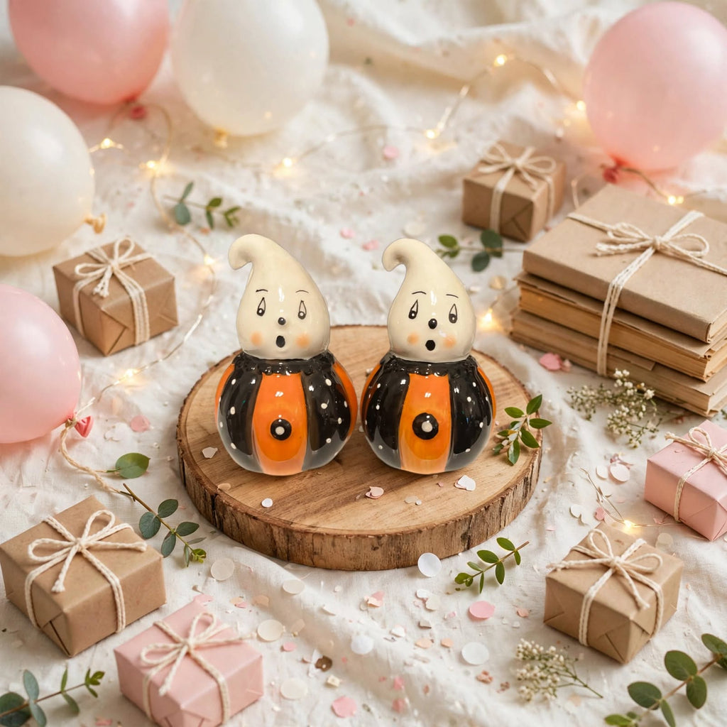 Orange & Black Ghost Salt & Pepper Shakers by Johanna Parker Design for Transpac styled for a celebration