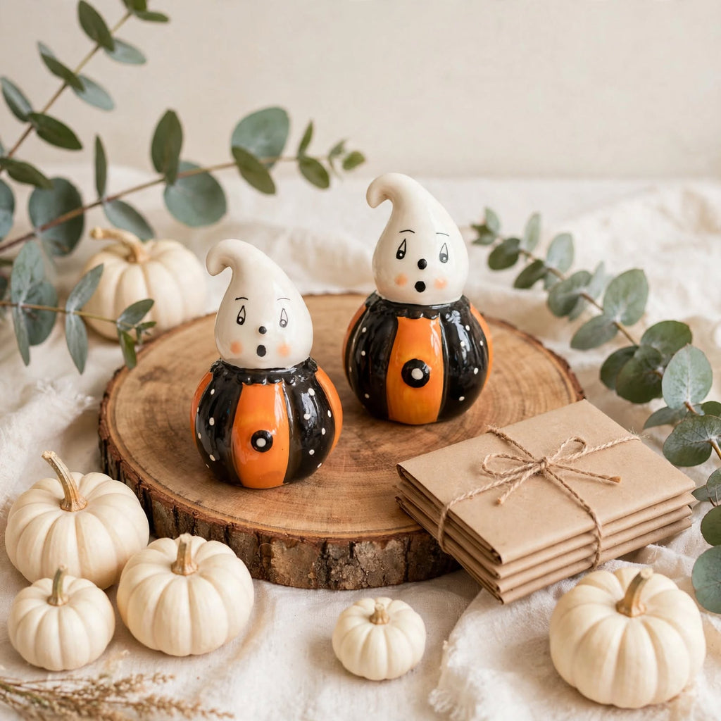 Orange & Black Ghost Salt & Pepper Shakers by Johanna Parker Design for Transpac styled for fall