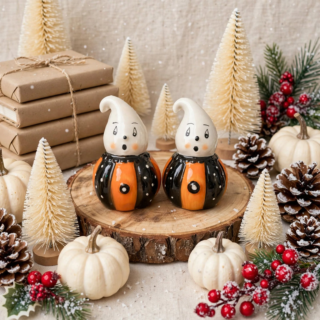 Orange & Black Ghost Salt & Pepper Shakers by Johanna Parker Design for Transpac styled for winter