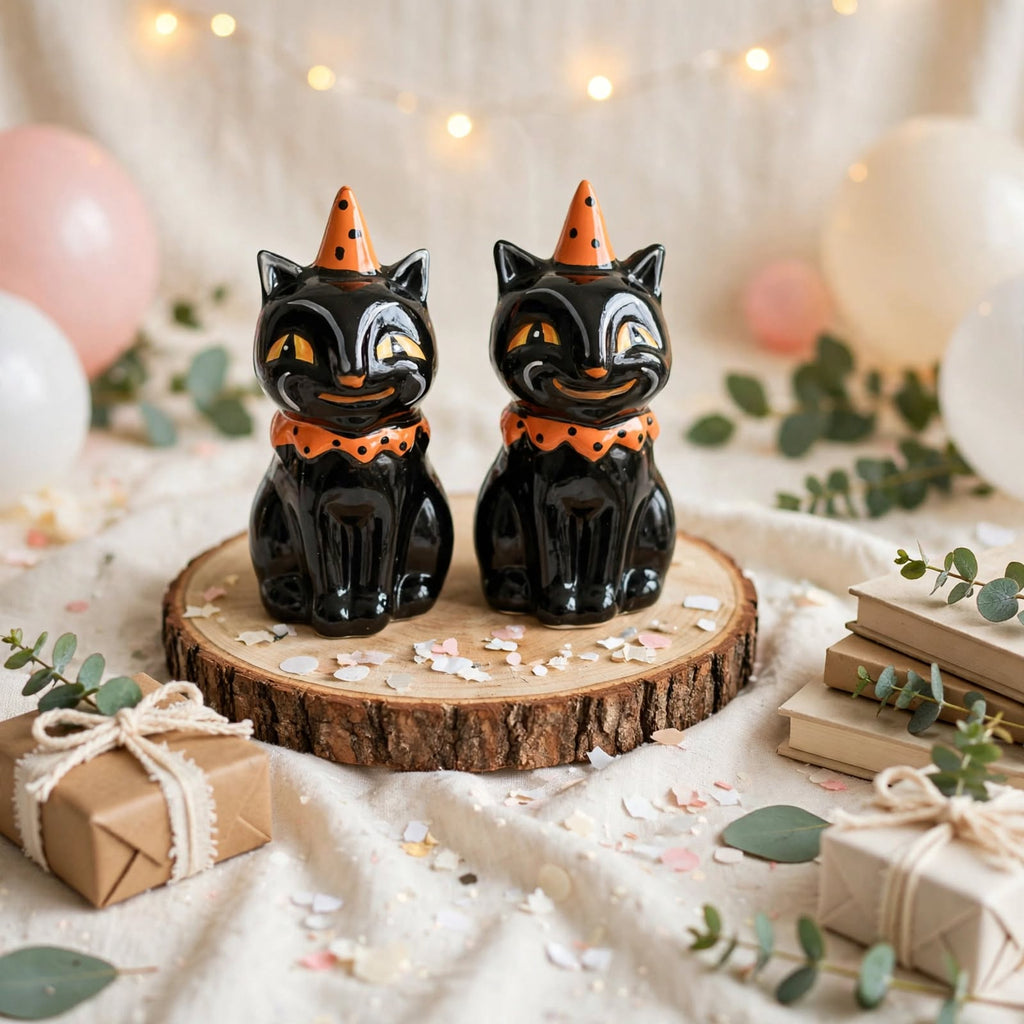 Black Cat Party Hat Salt & Pepper Shakers by Johanna Parker Design for Transpac styled for a celebration