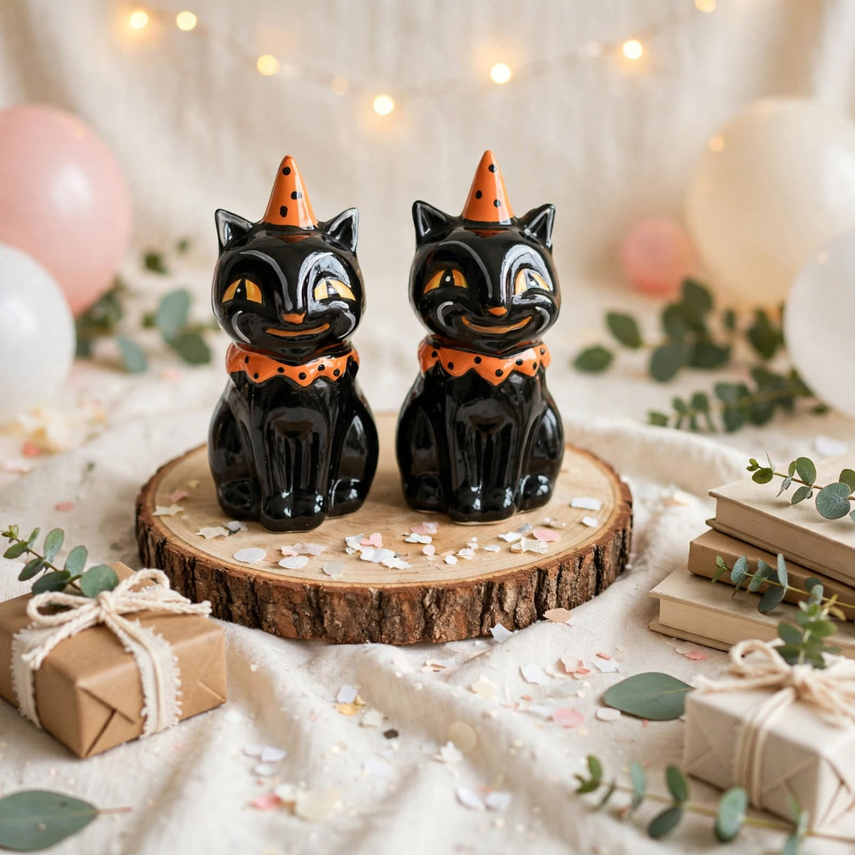 Black Cat Party Hat Salt & Pepper Shakers by Johanna Parker Design for Transpac styled for a celebration