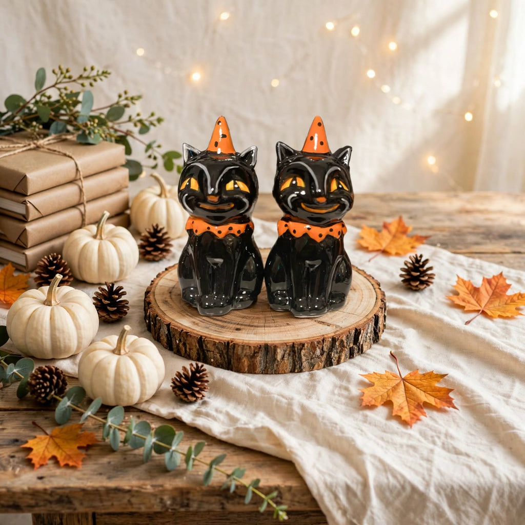 Black Cat Party Hat Salt & Pepper Shakers by Johanna Parker Design for Transpac styled for fall