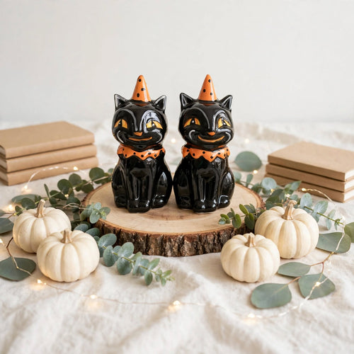 Black Cat Party Hat Salt & Pepper Shakers by Johanna Parker Design for Transpac in a neutral seasonal setting
