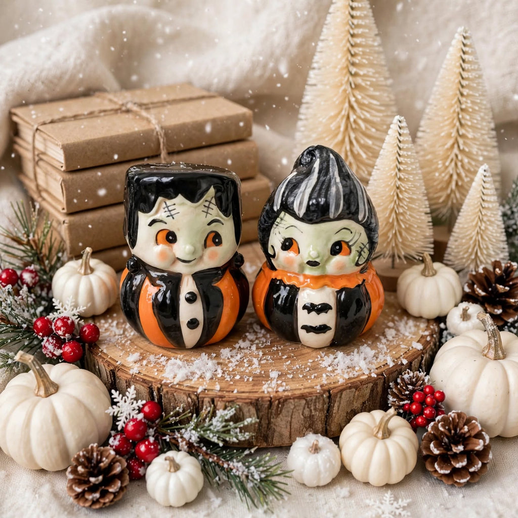 Frankenstein & Bride Salt & Pepper Shakers by Johanna Parker Design for Transpac styled for winter